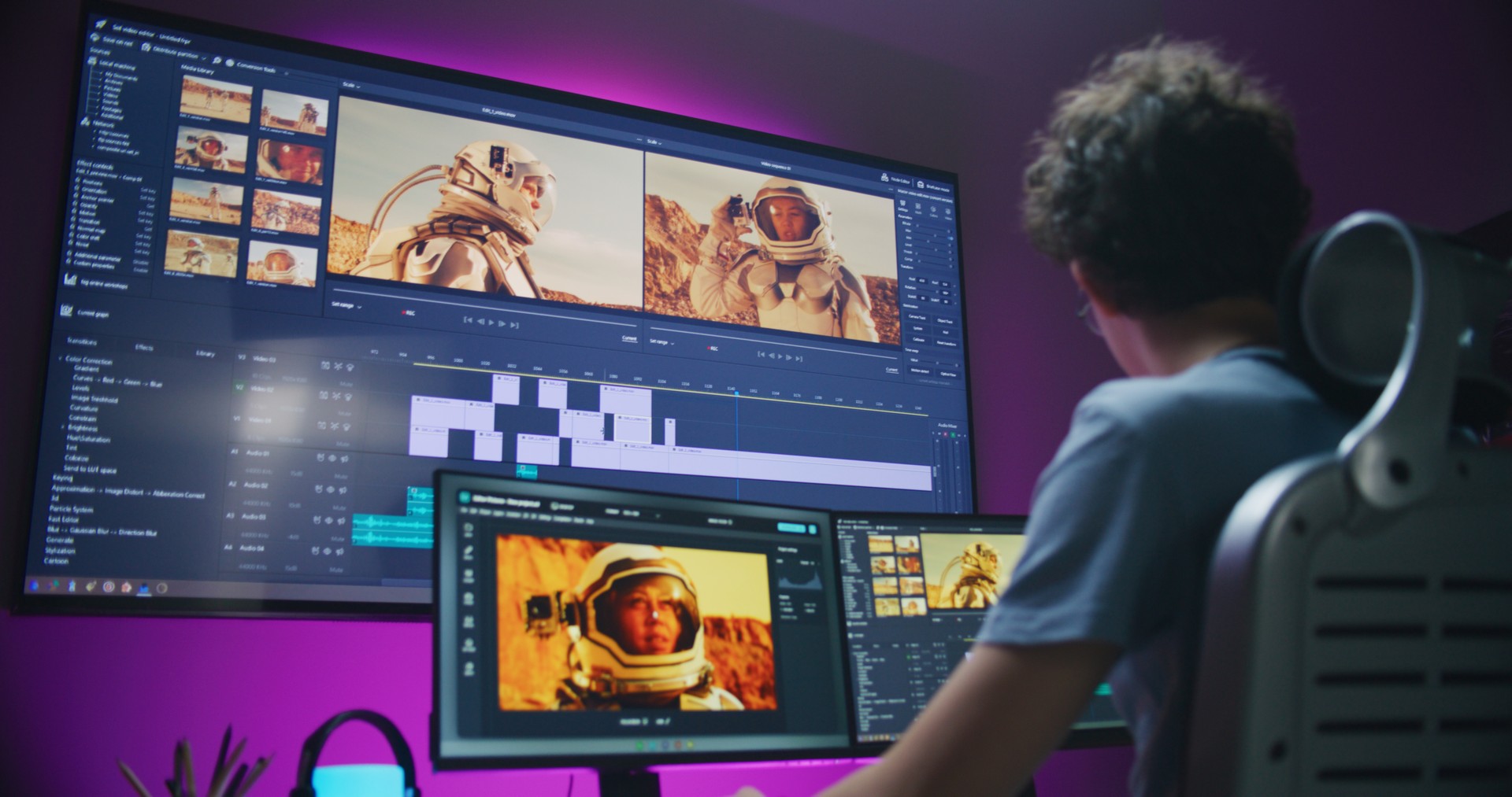 Young video maker edits movie on PC at home